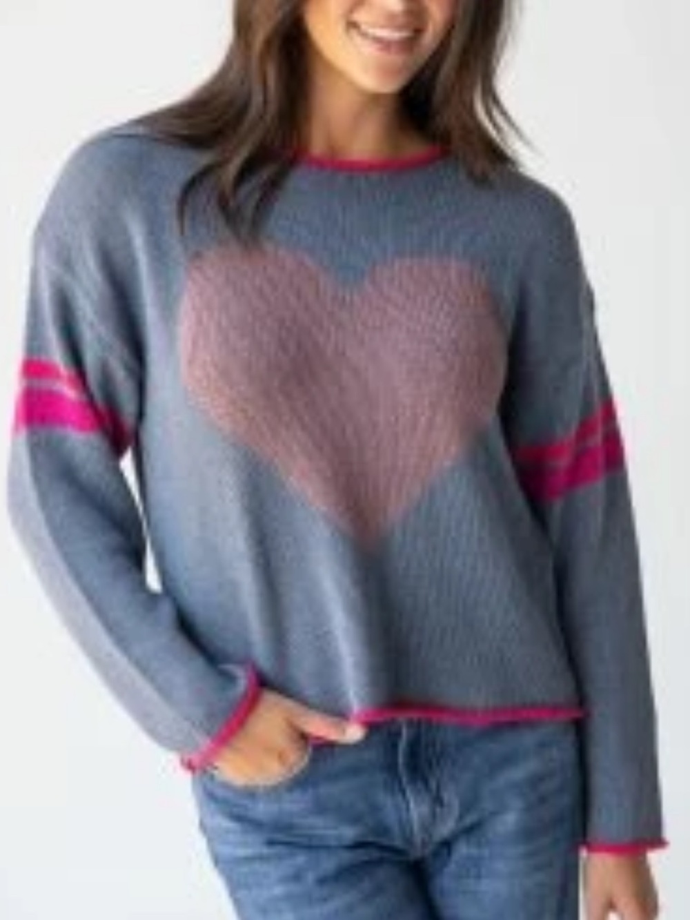 Natural Life Carson Intarsia Knit Sweater Gray Pink Heart Graphic Cotton-L/XL